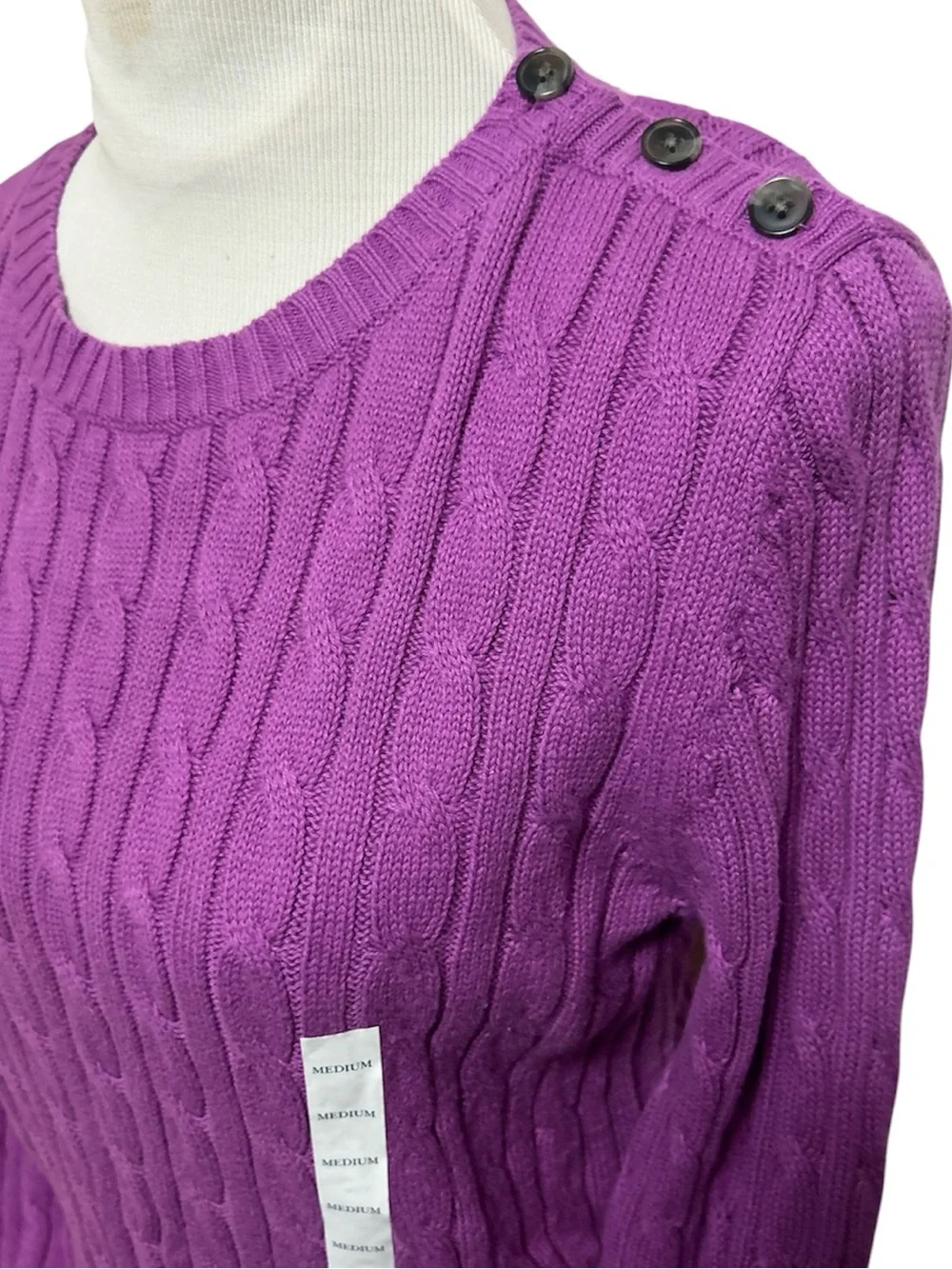 NWT Croft & Barrow Lavender Cable Knit Crewneck Sweater Button Detail Medium